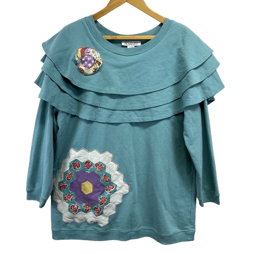 Upcylced Reworked Patchwork Tiered Ruffle Sweatshirt‎ Medium Teal Blue Floral